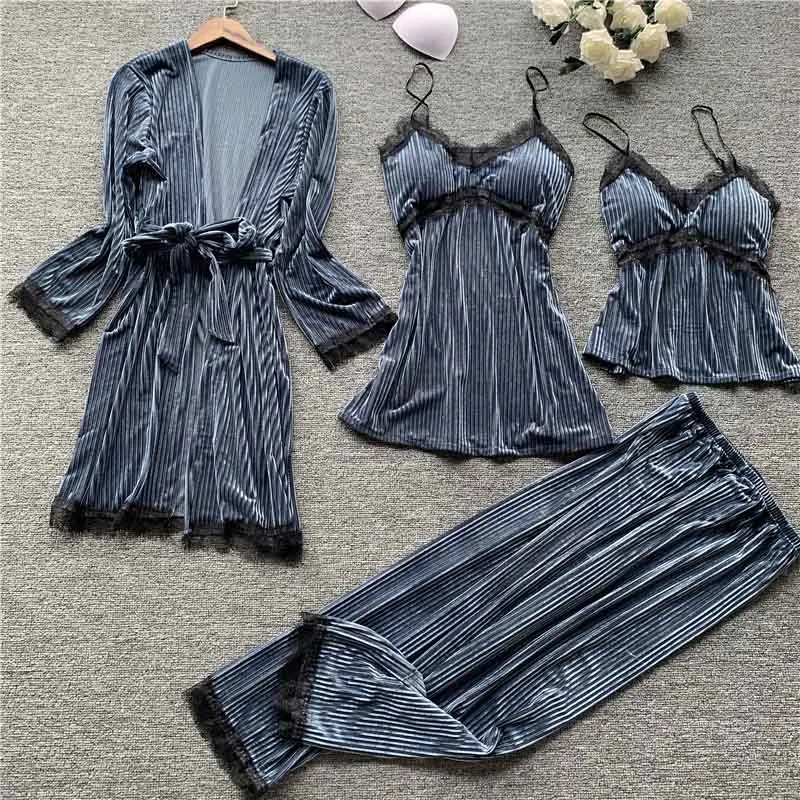 grey blue Золотые бархатные пижамы для женщин, 4 шт., зимний костюм, домашняя одежда, женский сексуальный кружевной халат, пижамные комплекты, одежда для сна без рукавов - Цвет: grey blue