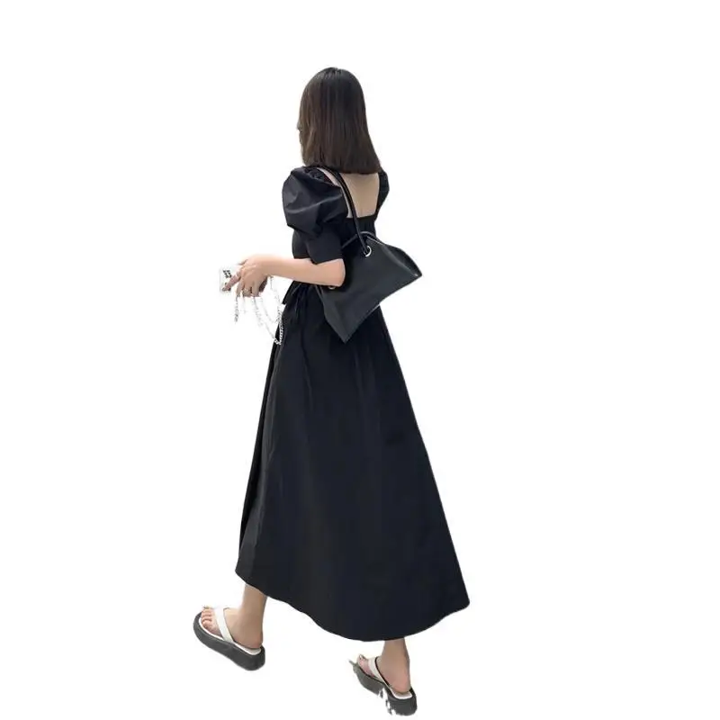 

Elegant Summer Puff Sleeve Little Black Dress Women's French Square Collar High Waist A-line Skirt Sexy Hollow Drawstring Dress