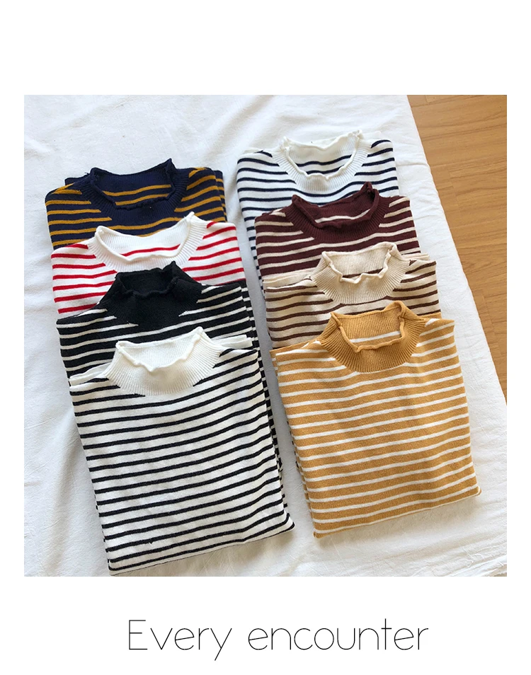 

New Korean Women Sweater Spring Autumn Long Sleeve Black White Stripe Pullover Woman Baisc Casual Knitted Sweaters Pulle Femme