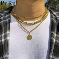 2021 vintage multilayer letter craved coins pendant necklace for men geometric thick link chain choker collar necklace jewelry