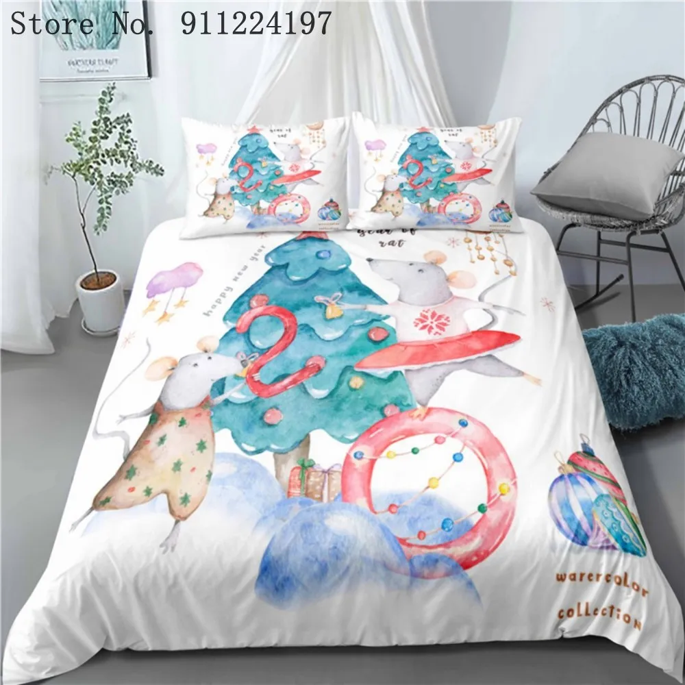 

Christmas Mouse Printing Duvet Cover 3D Cute Cartoon Comforter Bedding Set Bedspread Queen King Large Size Gifts For Children