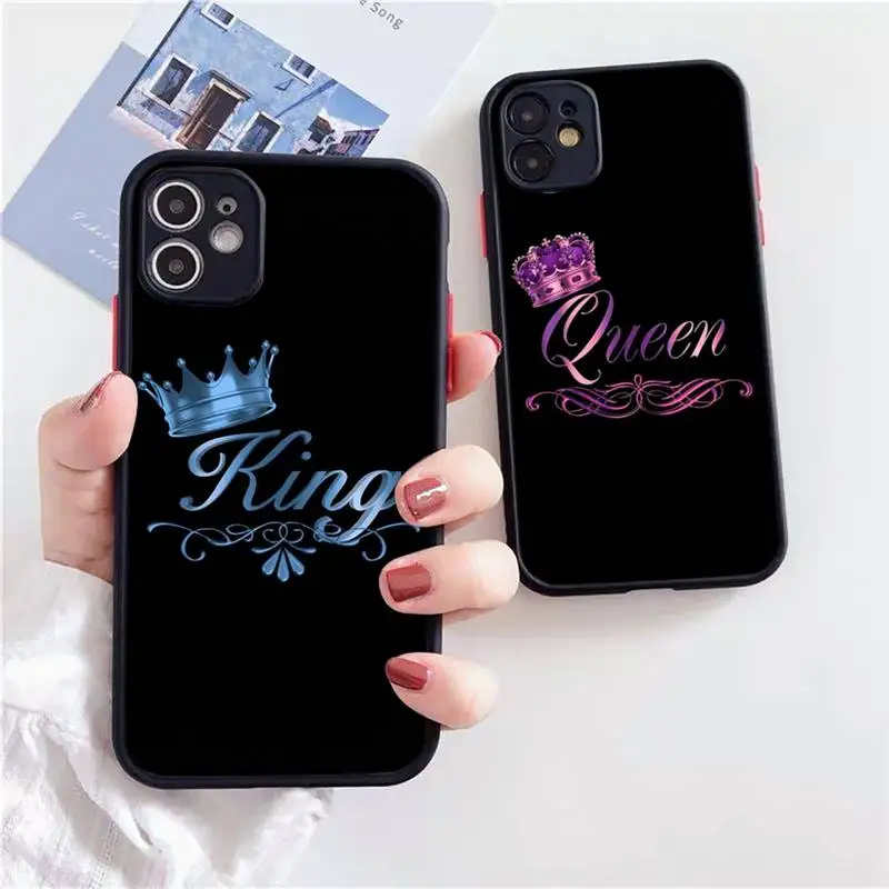 

King Queen Crown letter Phone Case Matte Transparent for iPhone 7 8 11 12 s mini pro X XS XR MAX Plus cover funda