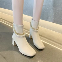 2021 new beaded chain soft leather back zipper womens single boots cotton boots