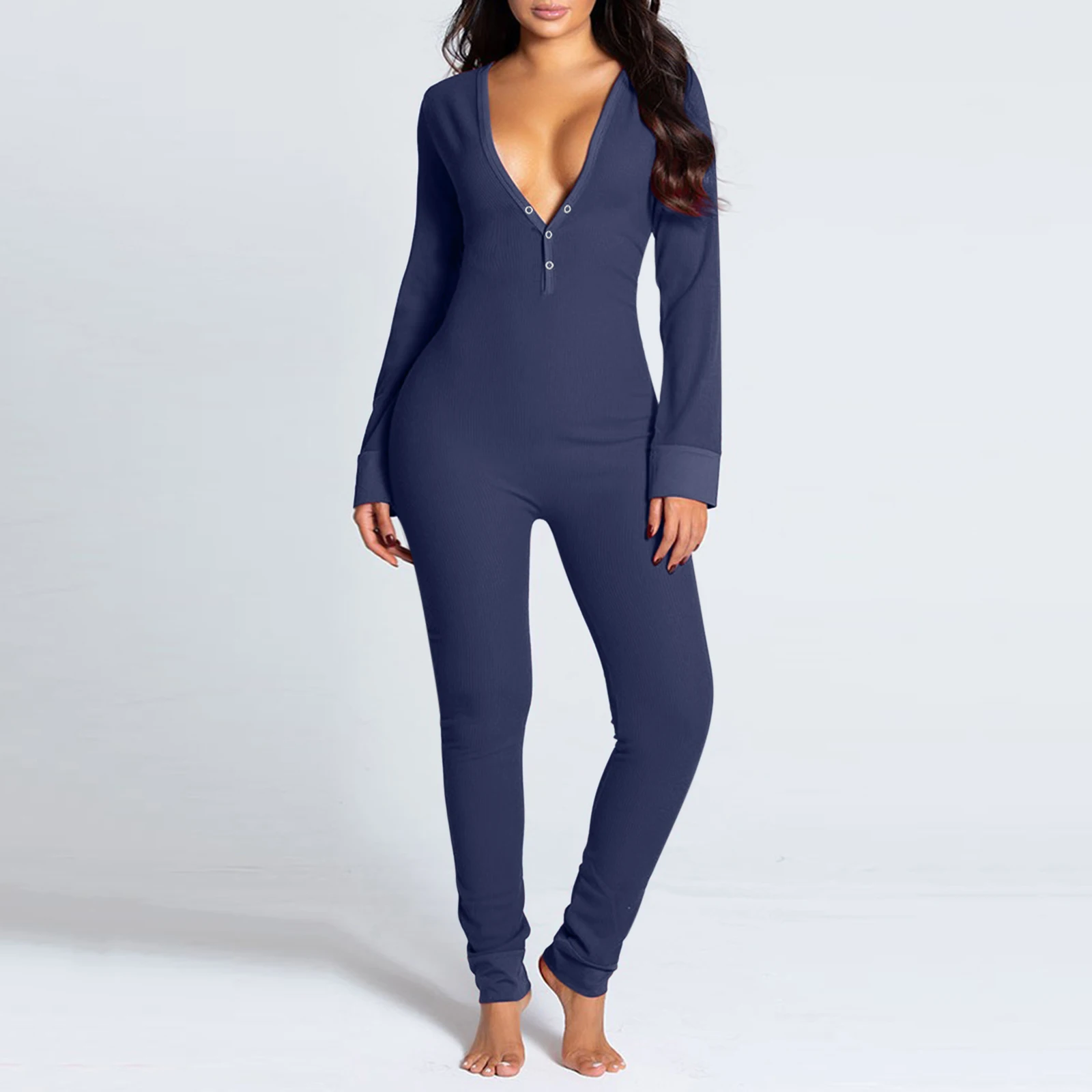 Women Sexy Jumpsuit Long-Sleeved Homewear Bodycon Open Crotch One-Piece Pajamas V-Neck Home Clothes Sleepwear 5