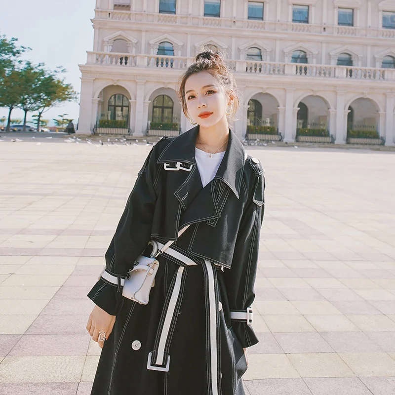 

Brand New European Style Women Trench Coat Lady Windbreaker with Belt Spring Fall Female Outerwear Black Burgundy Clothes