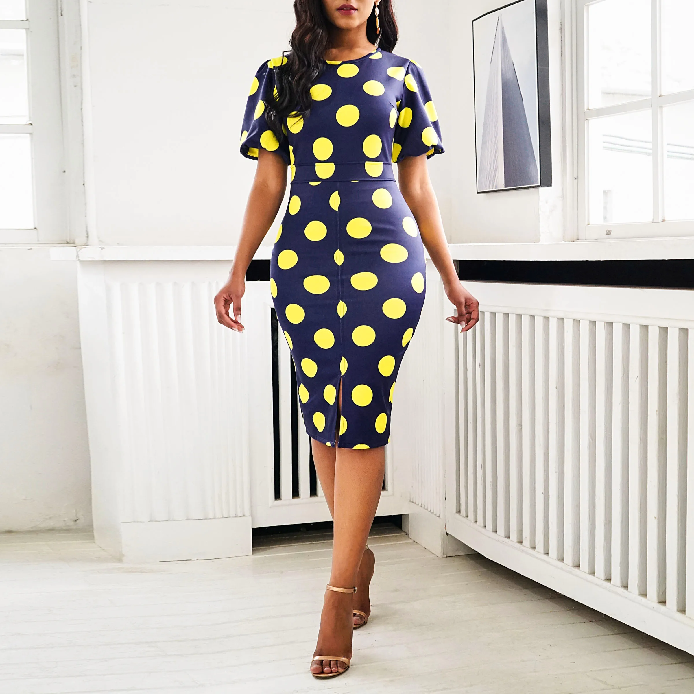 Женское облегающее платье в горошек с разрезом синие Коктейльные Вечерние