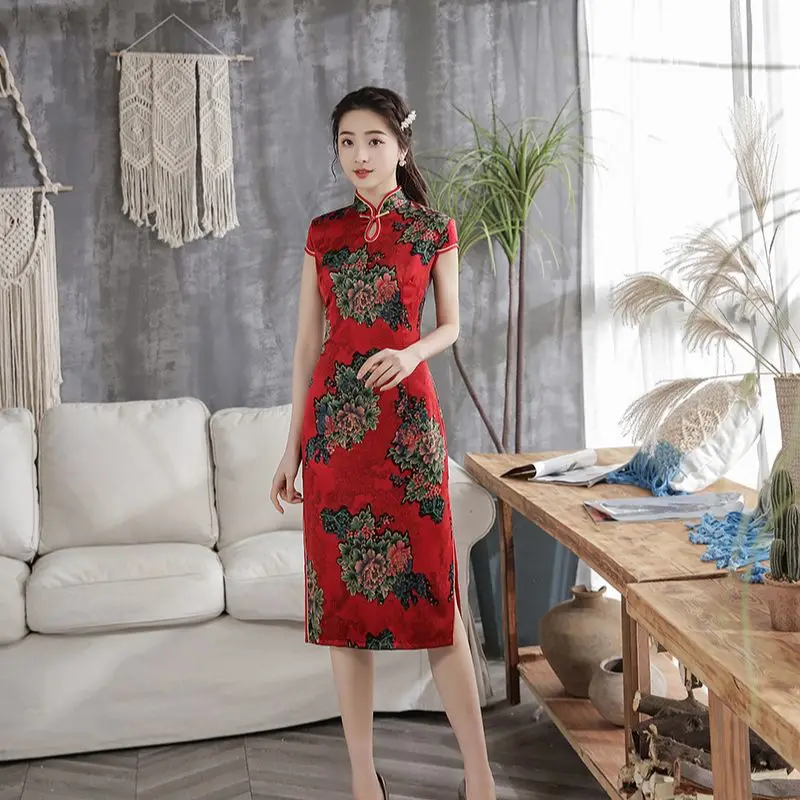 

Print Floral Qipao Sexy Chinese Bride Wedding Dresses Lady Plus Size 3XL 4XL Vestidos Side Split Celebrity Banquet Cheongsams