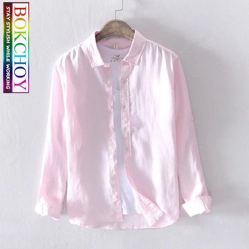 Мужская Однотонная рубашка из хлопка и льна дышащая удобная мужская с длинным