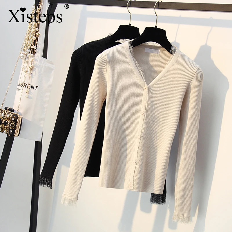 

Xisteps весенний вязаный кардиган с V-образным вырезом и длинным рукавом для женщин Ol лоскутный кружевной свободный свитер Женские однотонные ...