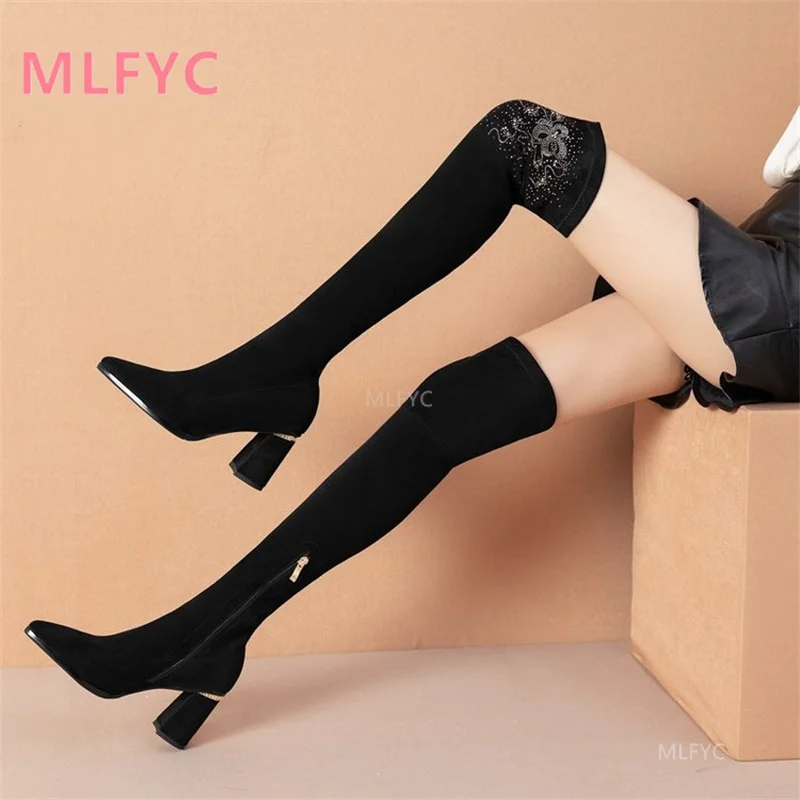 

Женские сапоги выше колена, сезон осень-зима 2021, эластичные сапоги с острым носком и боковой молнией, на Высоком толстом каблуке