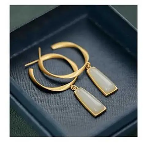 

There Is a Fairy Name. Hetian Jade White Jade Pendant Earrings Temperament Unique Personality Original Design Earrings Geometric