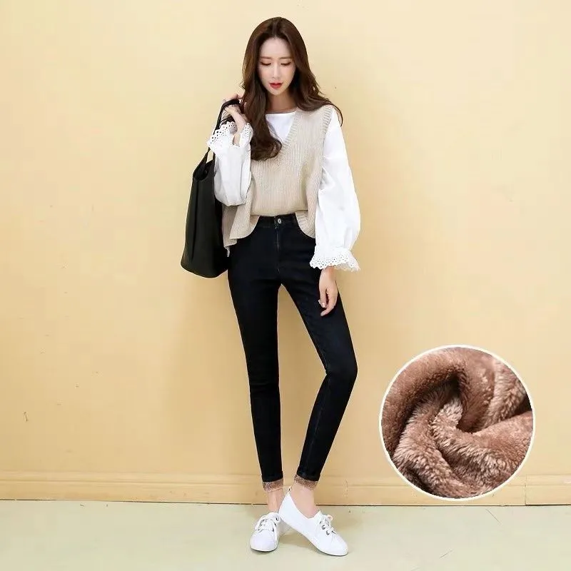 Black Khaki Мама плюс размер бархатные теплые эластичные облегающие джинсы женские Зимние новые брюки с высокой талией женские плотные джинсовые длинные брюки уличная - Цвет: Black Khaki