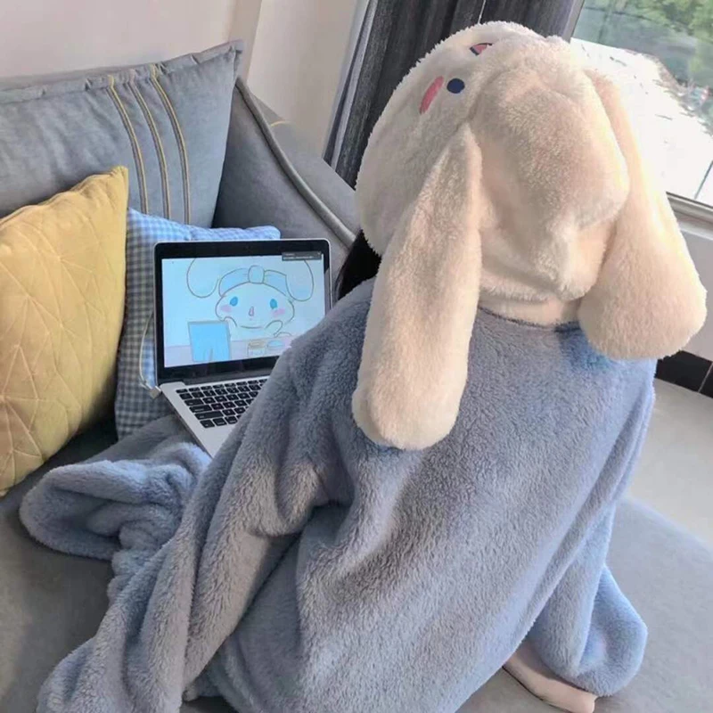 Kawaii Winter Thick Plush Pajamas for Women Flannel Long Sleeve Cute Cartoon Nightdress Embroidery Long-eared Dog Nightgown Robe