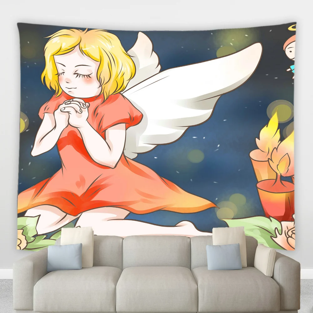 

Cartoon Tapestry Winged Elf Cute Watermelon Girl Wall Starry Sky Moon Hanging Blanket Yoga Mat Picnic Mats Children's Room Decor