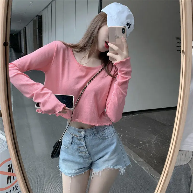 Женские футболки короткий топ женская короткая сексуальная свободная Осенняя