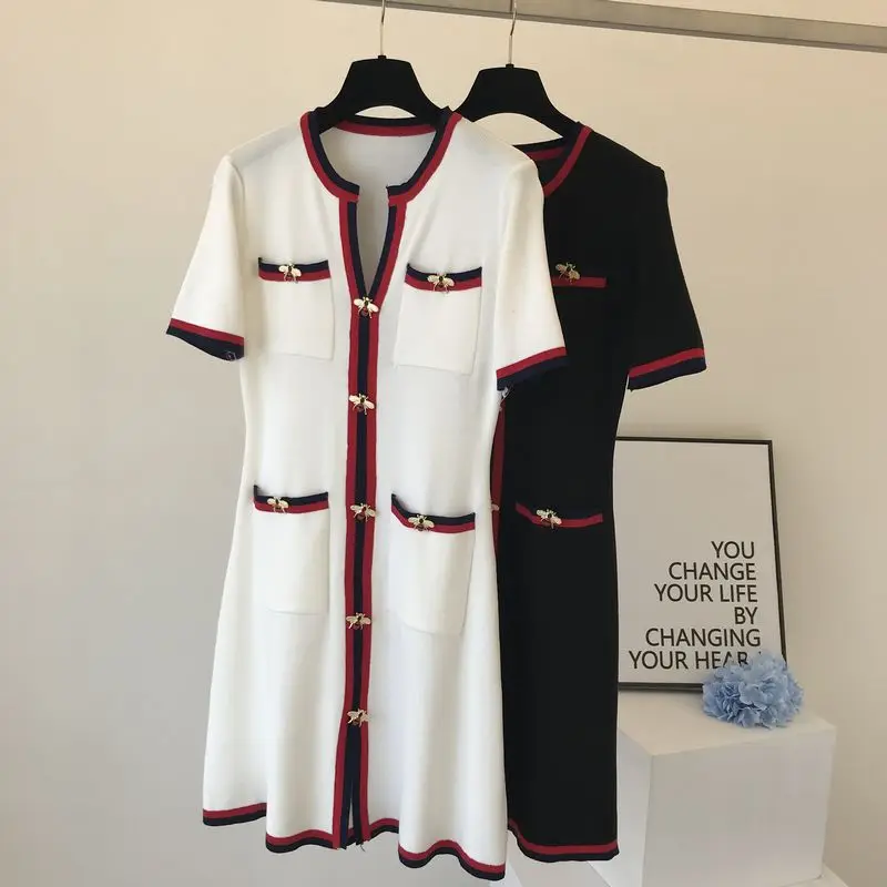 ALPHALMODA мода пчелы полосатый дамы элегантный короткий рукав вязание платье