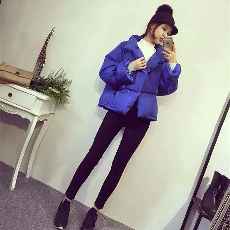 Женская зимняя коллекция 2019 куртка с воротником стойкой однотонная черная синяя