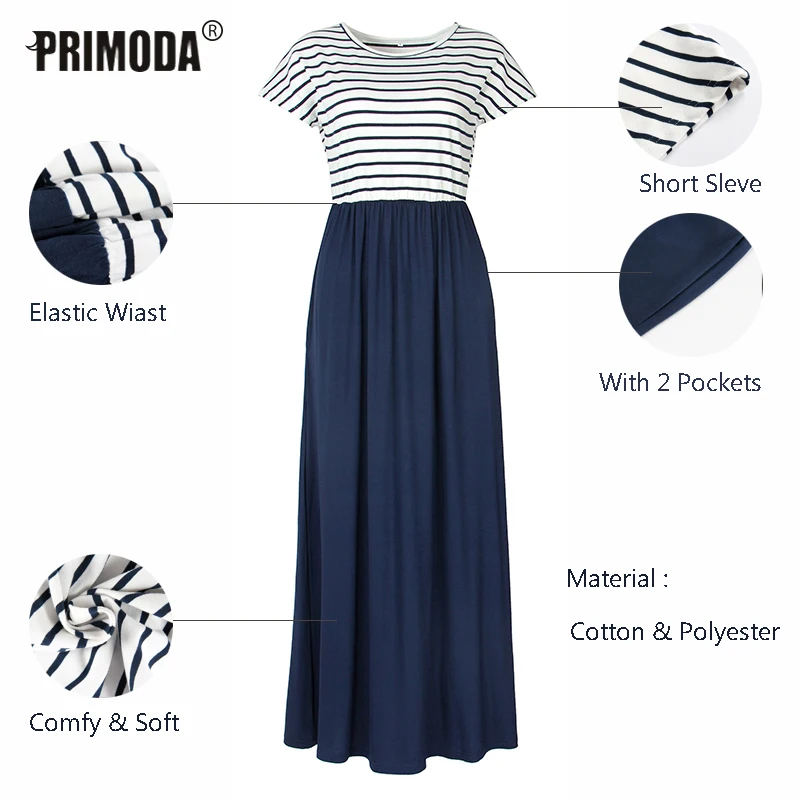 Женское длинное платье Boho летнее Полосатое Макси с коротким рукавом и круглым