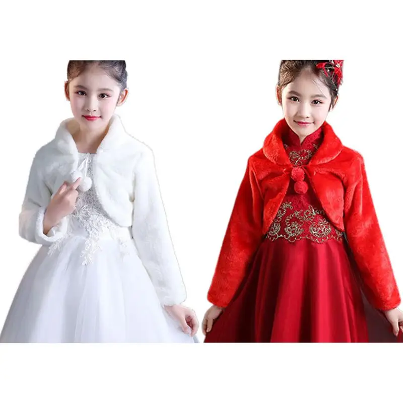 

Kids Princess Thicken Plush Wraps Shawl Flower Girls Long Sleeve Bolero Shrug Cape Wedding Birthday Party Jacket with Pompom Tie