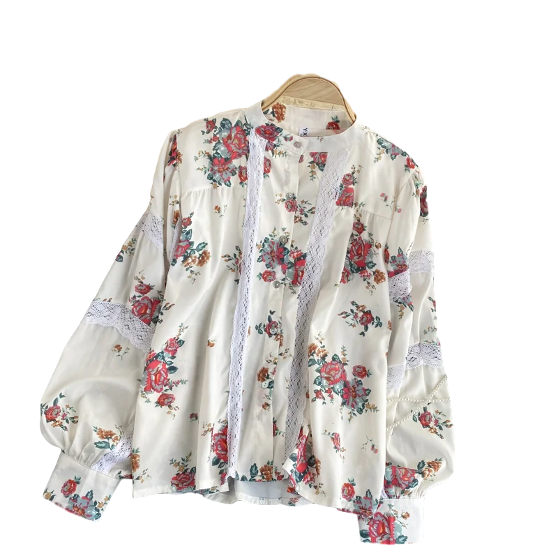 

Autumn New Style Shirt Female Design Sense Niche Lace Stitching Elegant Printing Puff Sleeve Top Women GX1049