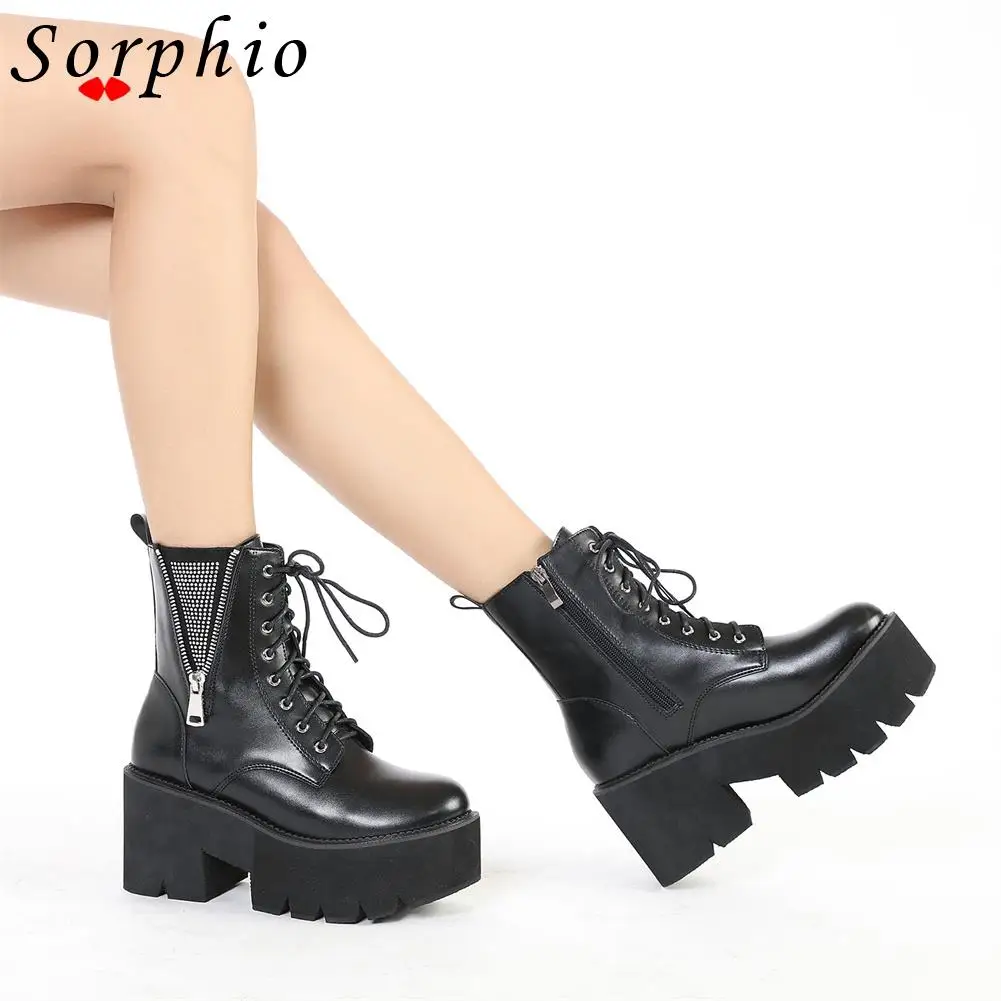 

Female Boots Platform Chunky Heel Boots For Owmen Ankle Short Boots Goth Gothic Zipper Design Lace Up Black Shoes Woman 2022