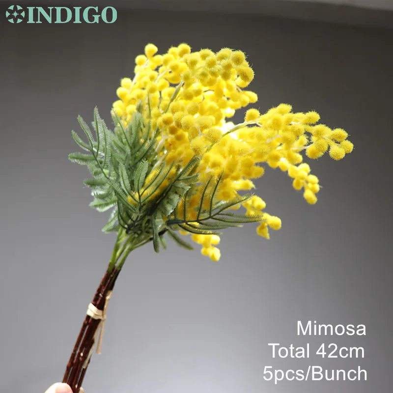 5 pieces yellow 42cm Индиго-5 шт. плюш Австралия акации желтый Мимоза спрей вишня искусственный свадебный цветок праздничный Декор - Цвет: 5 pieces yellow 42cm