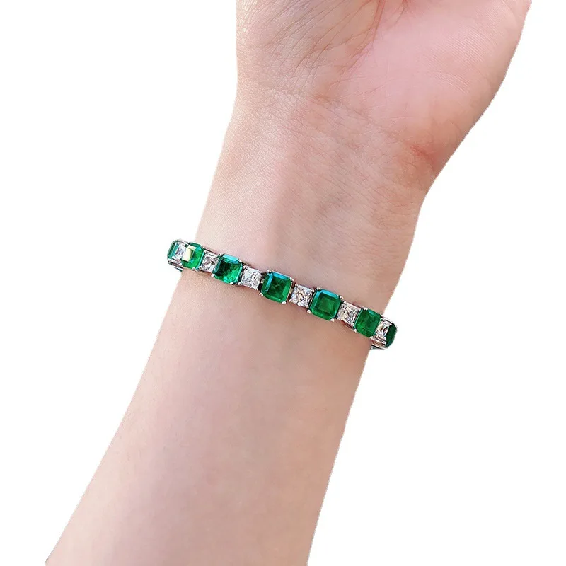 PANSYSEN Vintage Solid 925 Sterling Silver 7MM Emerald Simulated Moissanite Diamond Charm Women Bracelet Fine Jewelry Wholesale