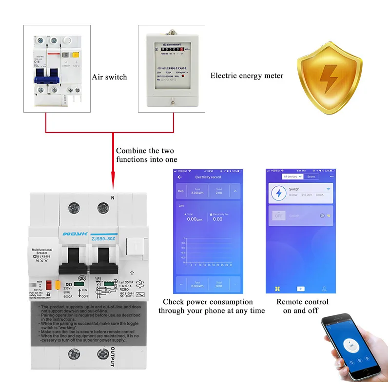 

WiFi smart Energy monitoring Circuit Breaker with leakage protection and meter function with Alexa and Google home