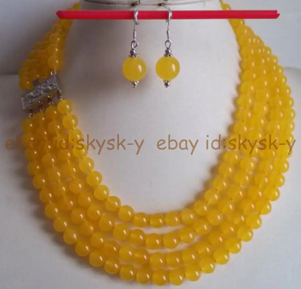 

Natural Jewelry Set 4 Rows 8mm Yellow Jade Necklace 10mm Earrings Set