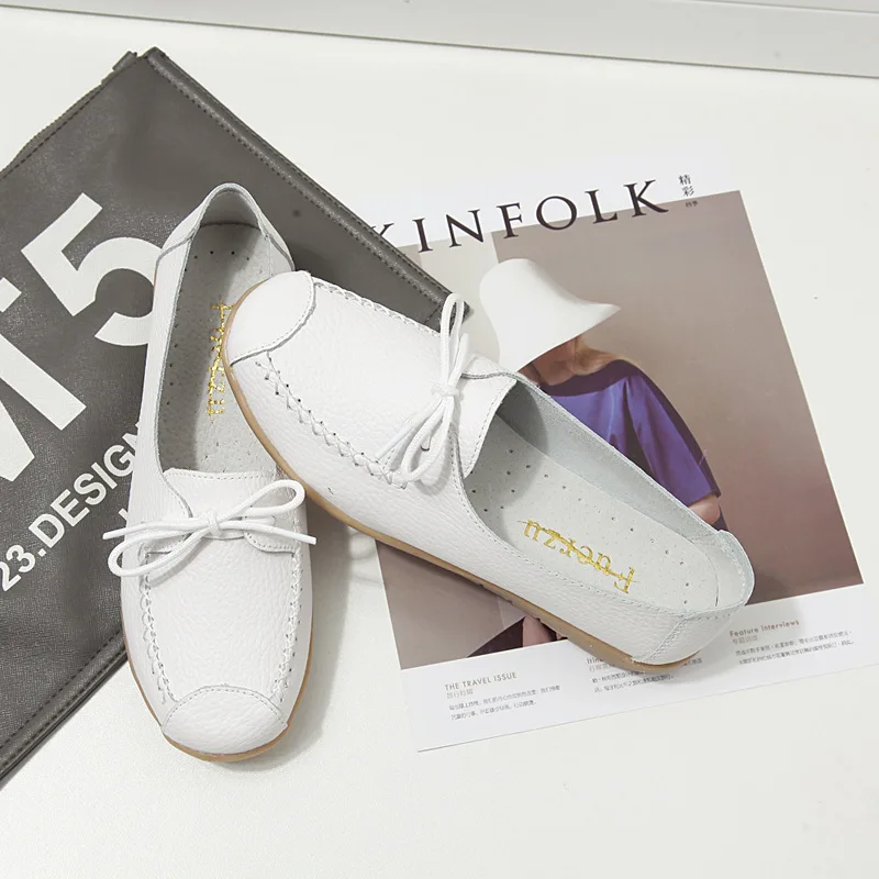 

Fashion Women Genuine Leather Flat Casual Shoes Ladies Solid Sneakers Shoes Round Toe Sewing Woman Flats Casual Shoes