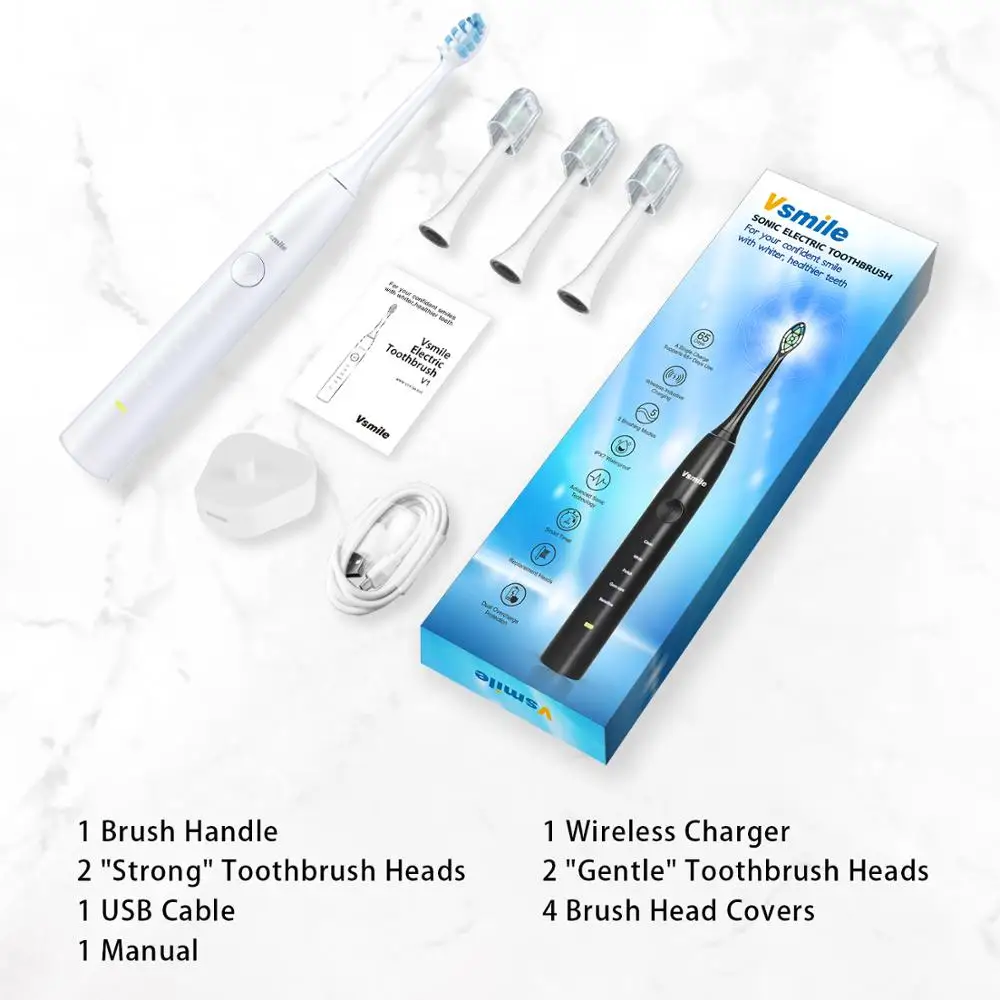 Pearl White Vsmile звуковая электрическая зубная щетка 2200 мАч батарея 80 дней на одной зарядке 5 режимов 4 щетки головы путешествия отбеливающая умная зубная щетка - Цвет: Pearl White