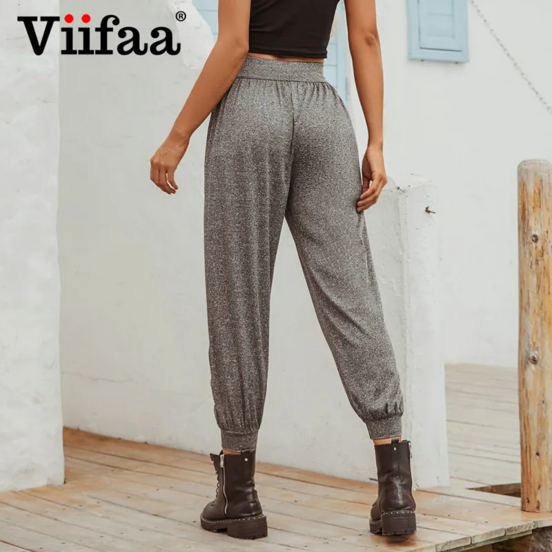 

Viifaa Grey High Waist Pleated Loose Harem Pants Women Solid Color Elastic Waist Casual Cropped Trousers Streetwear