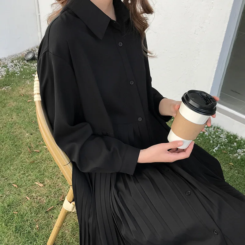 

[EWQ] 2021 Single Breasted Loose Over Knee Black Pleated Stright Blouse Dress Spring Casual Turn Down Collar Solid Color