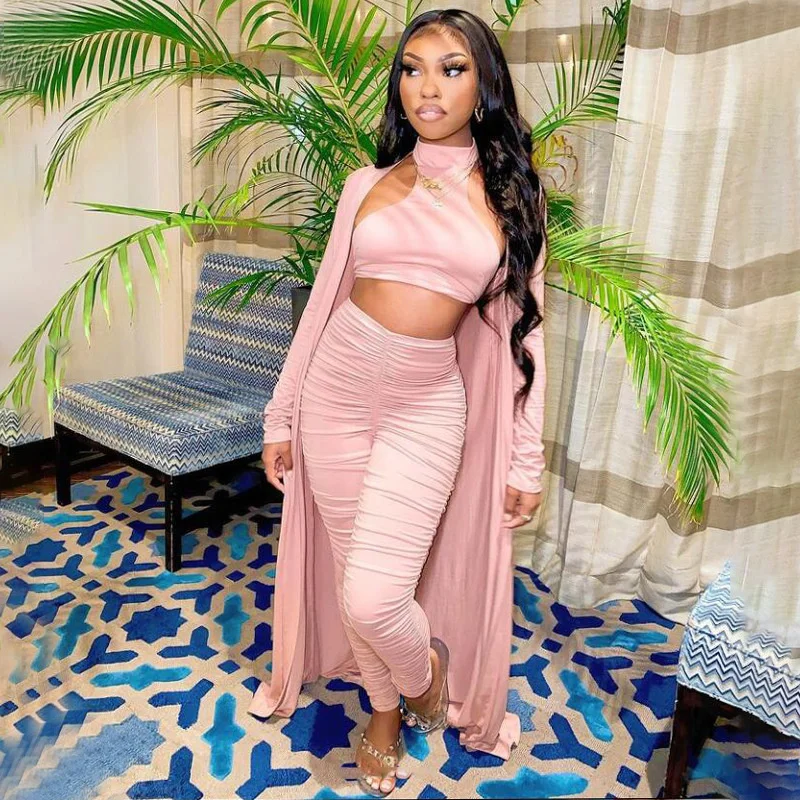 

Fashion Solid Color Women's Three-piece Suit Long Sleevelong Cardigan +vest Top + Stacked Pants B Casual Summer Female Suit