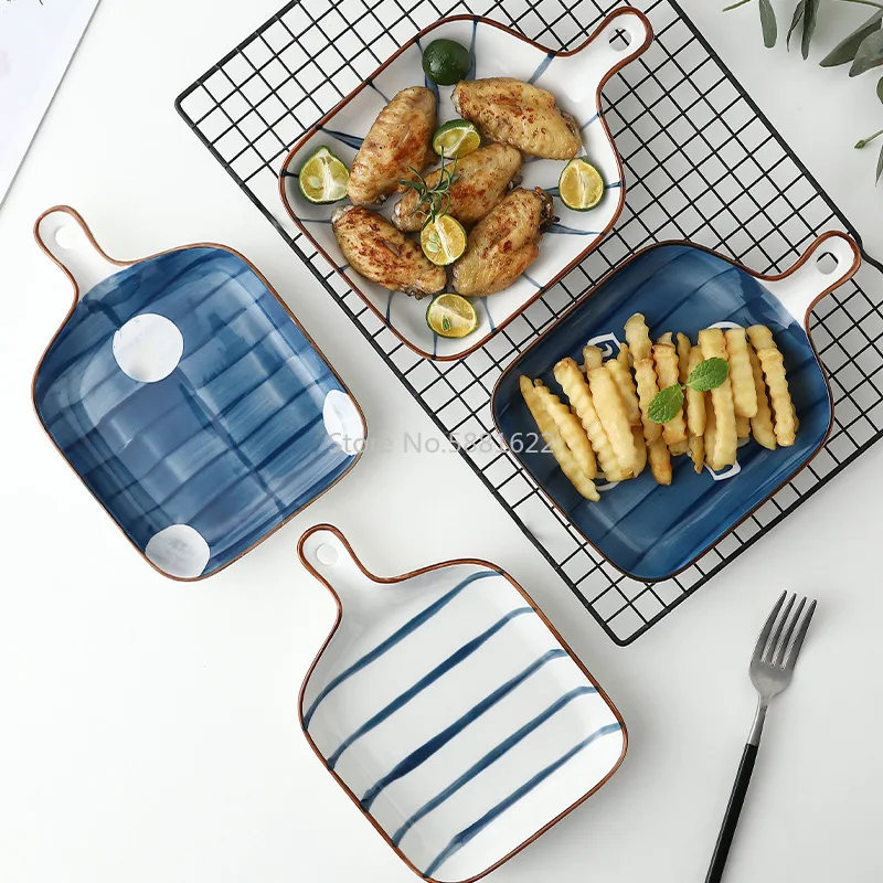 

Ceramic Handle Japanese Hand-painted Baking Pan Household Tableware Plate Western Food Plate Underglaze Color Baking Pan