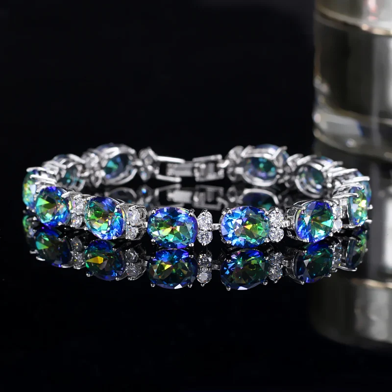 BeaQueen модные 925 пробы серебряные ювелирные изделия Большой овальной огранки голубой кубический цирконий многоцветный Радужный кристалл женские браслеты B011