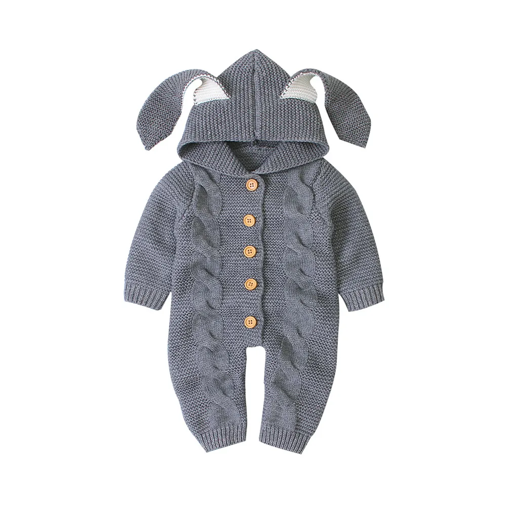 Серый 0-24M Autumn Winter Infant Kids Girls Boys Rompers Knit Solid Long Sleeve 3D Ears Hooded Jumpsuits Clothes - Цвет: Серый