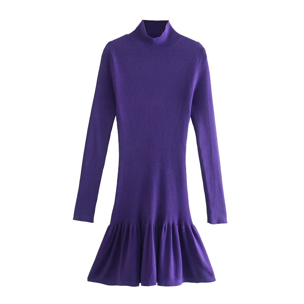 

xikom 2021 Autumn Women Elegant Vintage Casual Purple Knitted Dress Female Streetwear Mock Neck Slim Ruffles Mini Dresses