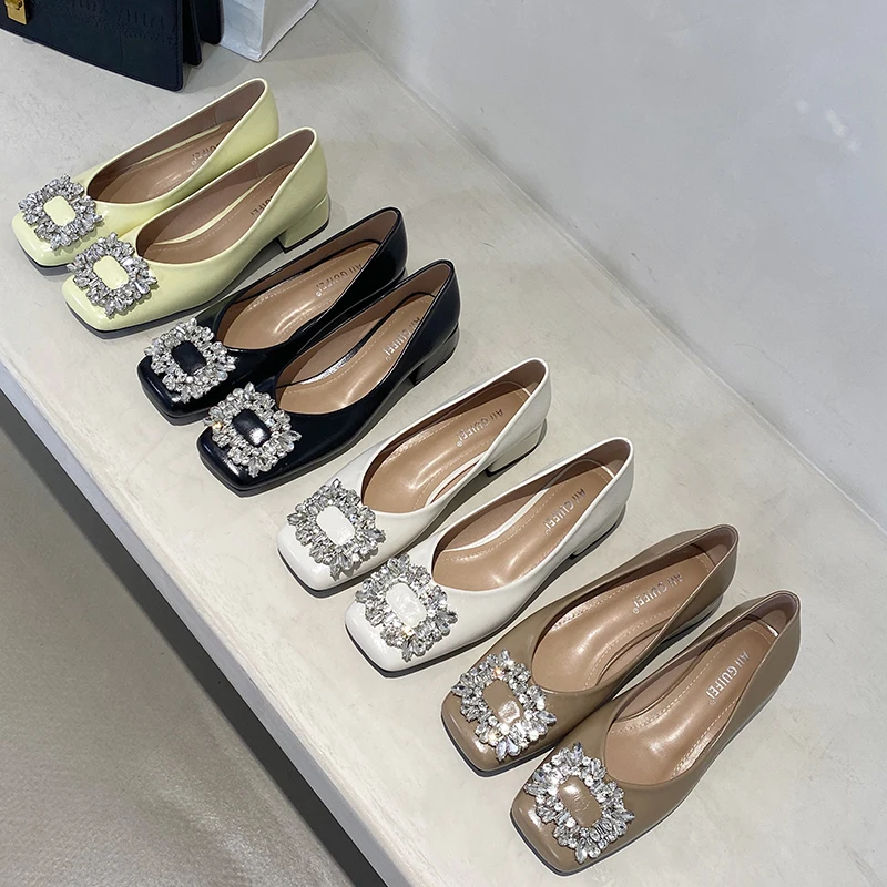 

Fashion Women Pumps Square Toe Shallow Slip On Crystal Rhinestone Shallow Autumn Spring Black White Khaki Yellow Mid Heels Pumps