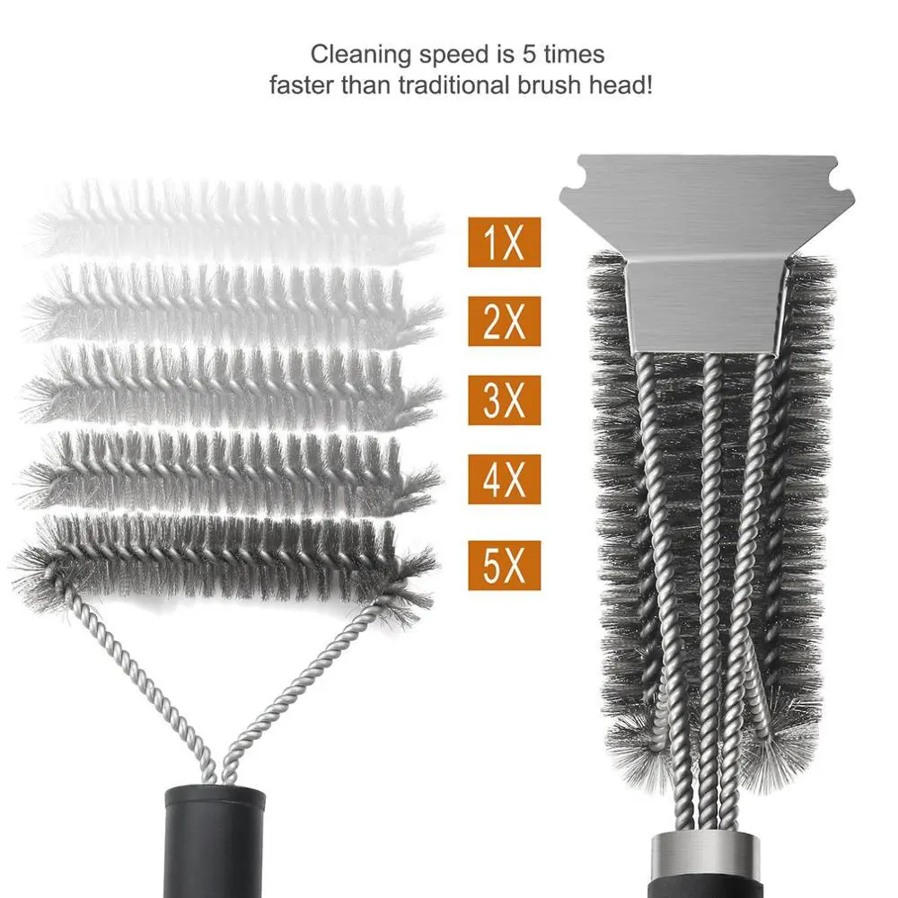 

Metal BBQ Grill Cleaning Brush, Heavy Duty 3-Branch Stainless Steel Barbecue Bristles Cleaner for Easier and Effective