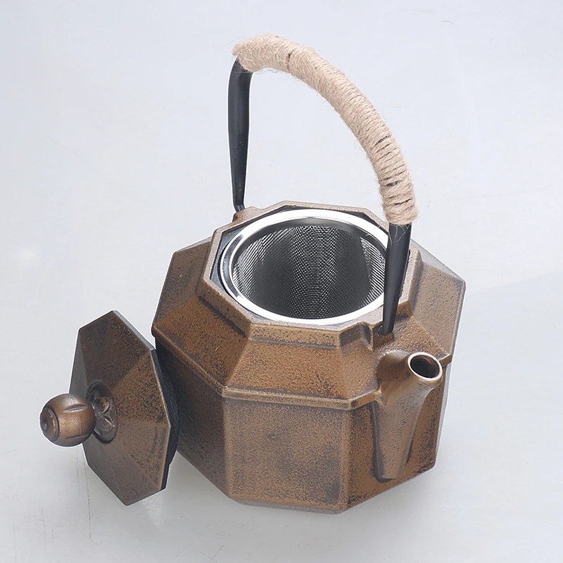 Buy Retro Teapot Old Cast Iron Kettle Octagonal Golden Non-coated Kung Fu Water Drinkware Tea Pot 0.85L on