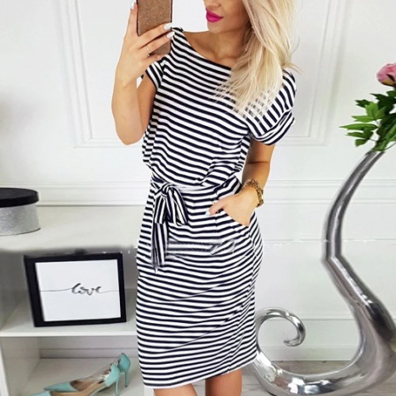 Женское облегающее платье в полоску платье-карандаш с круглым вырезом и коротким