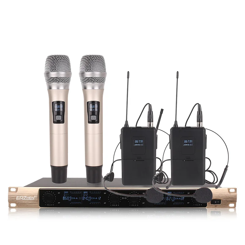 

Профессиональный микрофон системы для цифровых зеркальных камер 4-канальный беспроводной микрофон 2 ручной 2 гарнитура микрофон стадии исп...