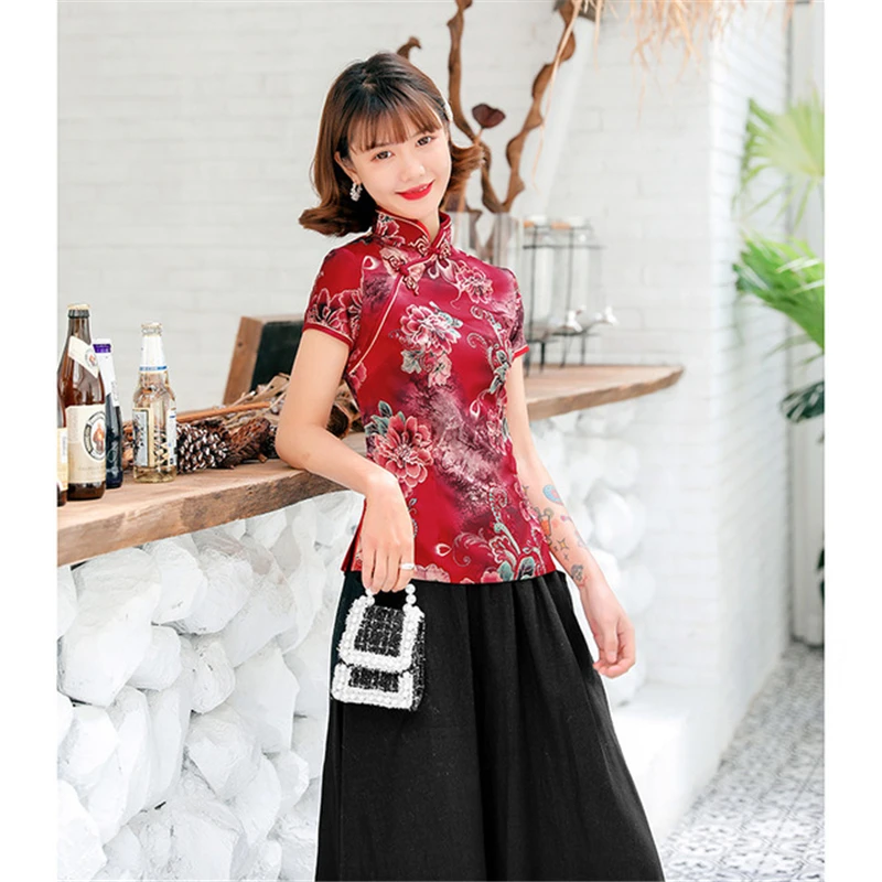 

2020 cheongsam Tang suit women's top printing fashion short sleeve Qipao costume silky Chinese shirt satin plus size 5XL women