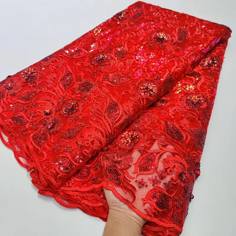 

Red 3D Sequins Weddijng Party Dresses Latest Design Tulle Lace African Mesh Lace Fabric 5 Yards Nigerian Tulle Net Lace Fabrics