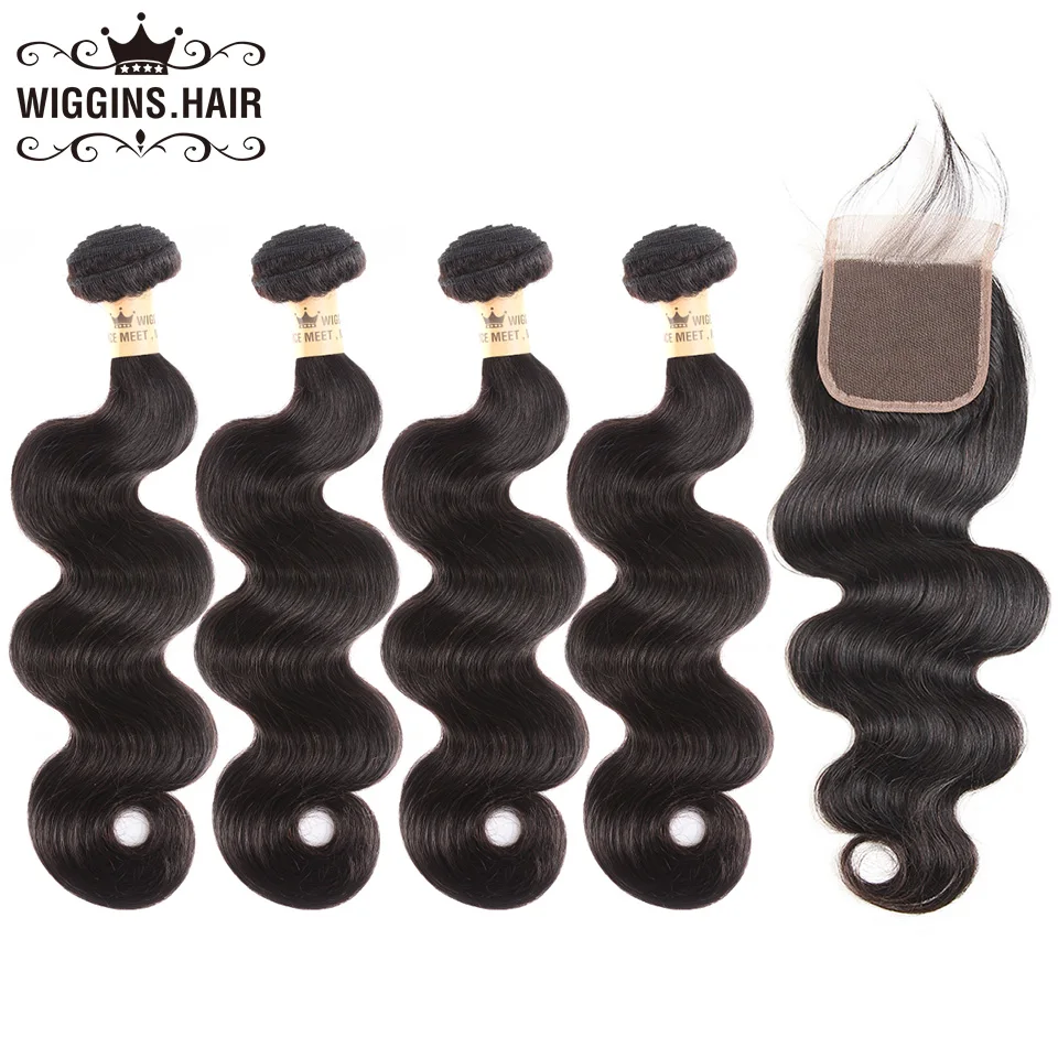 Перуанские объемные волнистые 4 пучка с закрытием 4X4 кружевные человеческие