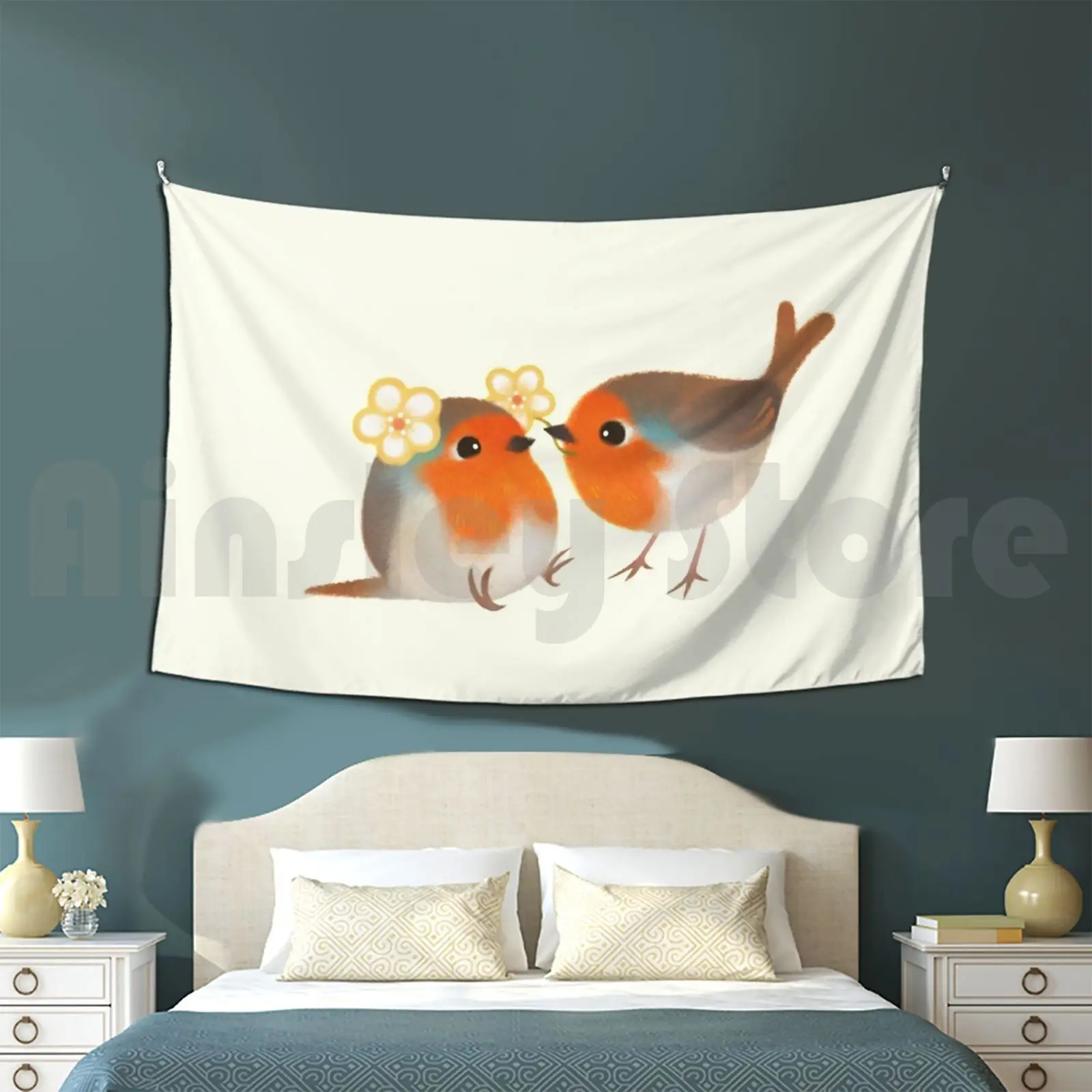 

Flowers For You Tapestry Background Wall Hanging European Robin Robin Bird Animal Love Happy Flower Present