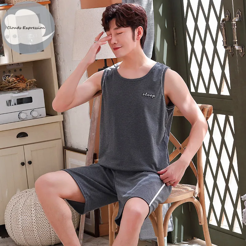 

Casual Sleepwear Pyjamas Night Suits Pijamas Plus Size 4XL Homewear Summer Men Pyjamas Sleeveless Cotton Cartoon Pajamas Set