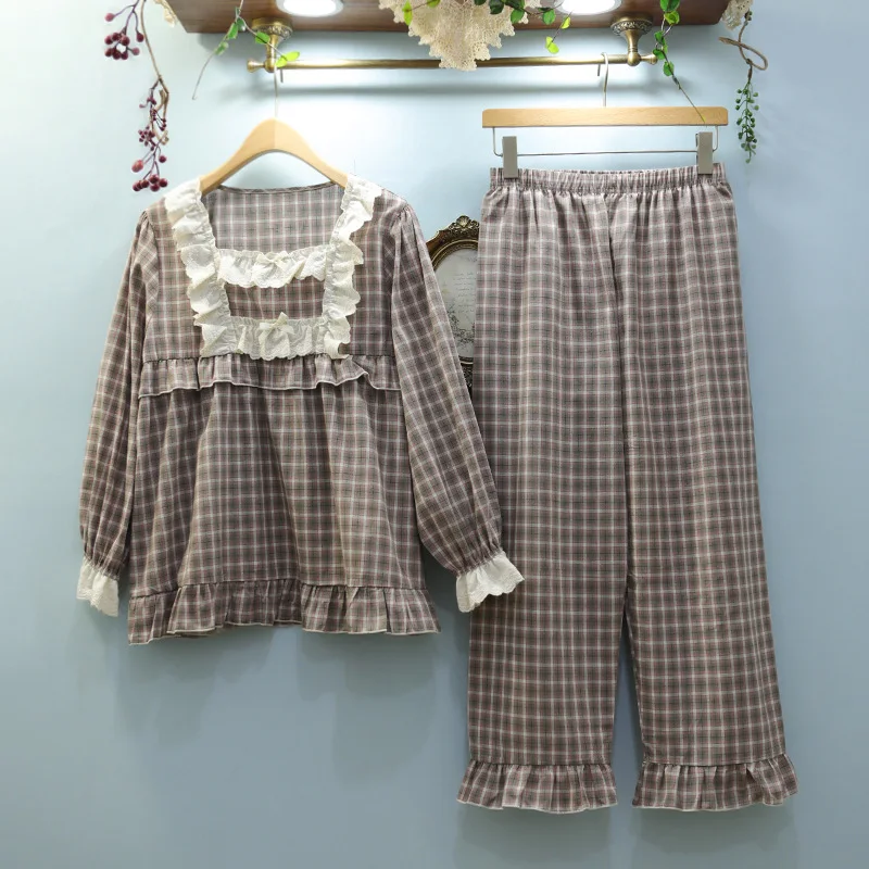 

Women's Pajamas Autumn Pijamas Women Lace Thin Cotton Sexy Nightwear Long-Sleeved Plaid Sleepwear Princess Casual Home Suit