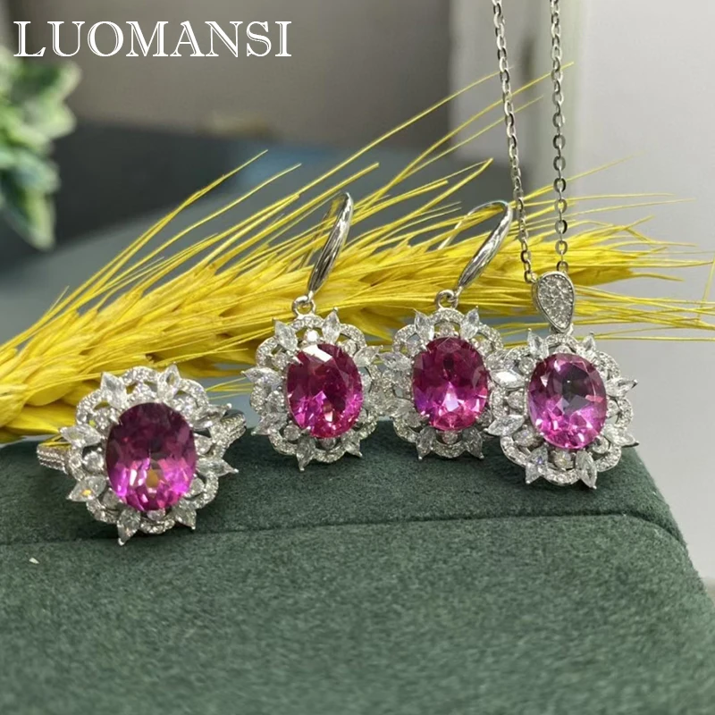 

Винтажный набор ювелирных изделий Luomansi с рубином 8*10 мм, ожерелье, кольцо, модель уха для женщин, подарок на свадьбу, вечеринку, годовщину